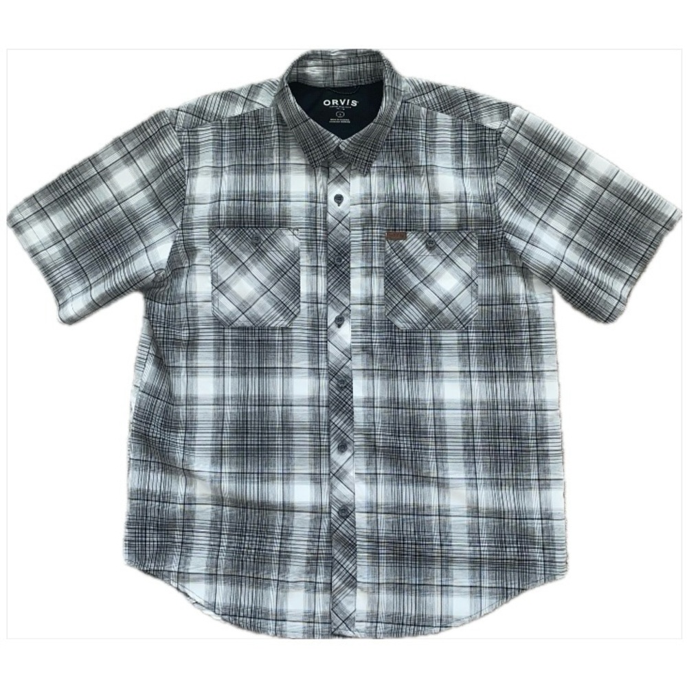 ORVIS Men’s Short Sleeve Tech Shirt Button Down Carbon Plaid Large - EUC